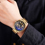 SKMEI 9194 Orologio automatico da uomo con cinturino meccanico in acciaio scheletrato, Black, Silver, Golden Black Face, Rose Gold, Golden Gold Face