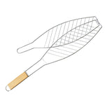 Strumento per barbecue con clip per pesce alla griglia, con manico in legno cromato, per barbecue a pesce singolo