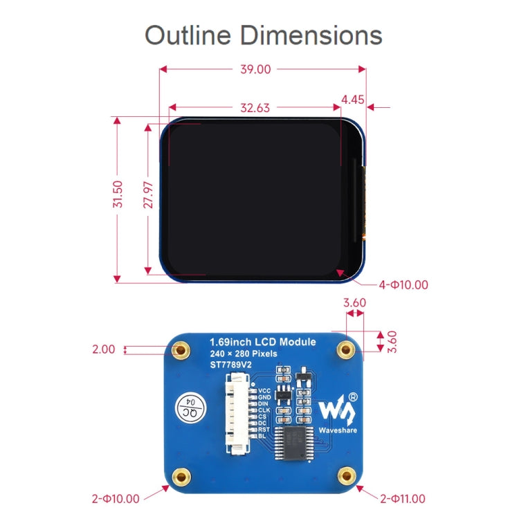 Waveshare 1.69 Inch 240×280 Resolution IPS LCD Display Module with SPI Interface, 1.69 Inch