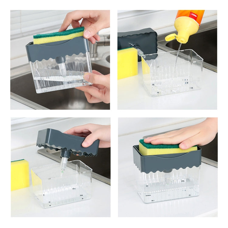 Panno per la pulizia Spazzola per piatti Scatola per liquidi Spazzola da cucina Miscelatore per detersivo Pressa Scatola per sapone in plastica, White, Dark Gray, Dark Blue