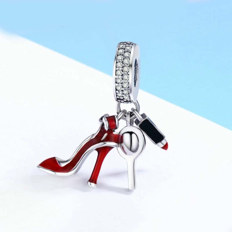 Ciondolo specchio per trucco con tacco alto in argento sterling 925 con rossetto rosso