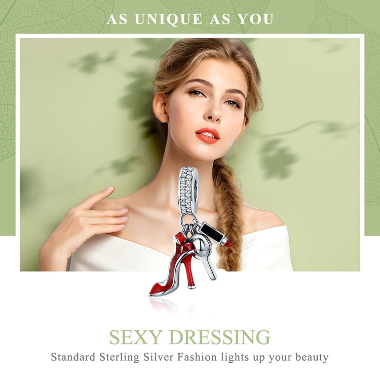 Ciondolo specchio per trucco con tacco alto in argento sterling 925 con rossetto rosso