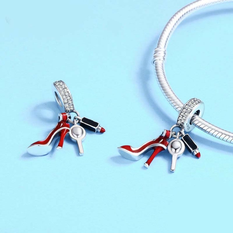 Ciondolo specchio per trucco con tacco alto in argento sterling 925 con rossetto rosso