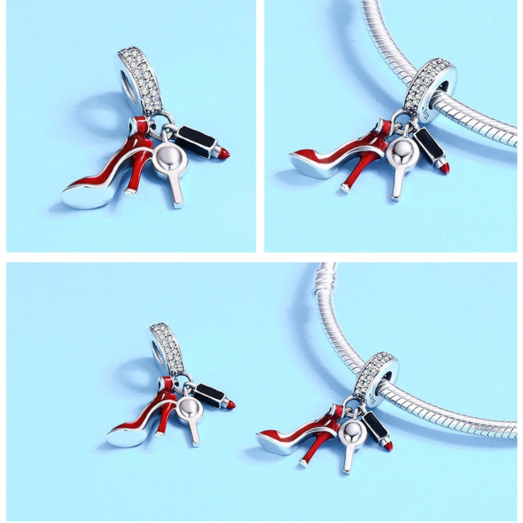Ciondolo specchio per trucco con tacco alto in argento sterling 925 con rossetto rosso