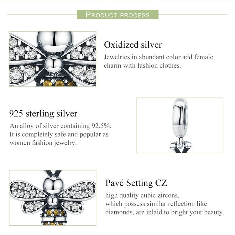 Accessori per bracciale con perline fai-da-te con ciondolo a forma di ape in argento sterling S925, SCC821