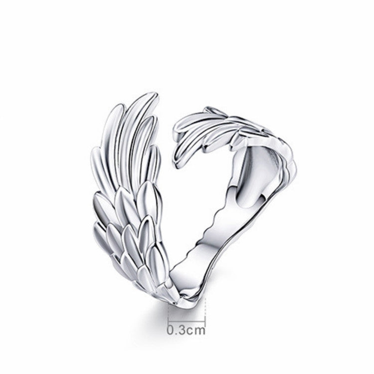 Anello aperto con ali di piume in argento sterling S925 Anello regolabile