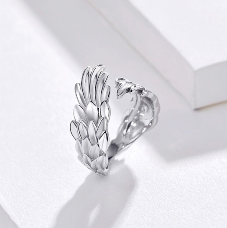 Anello aperto con ali di piume in argento sterling S925 Anello regolabile