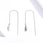 Orecchini lunghi in argento sterling con linea di orecchie di piume Orecchini semplici da ragazza placcati in platino, SCE786