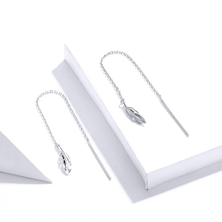 Orecchini lunghi in argento sterling con linea di orecchie di piume Orecchini semplici da ragazza placcati in platino, SCE786