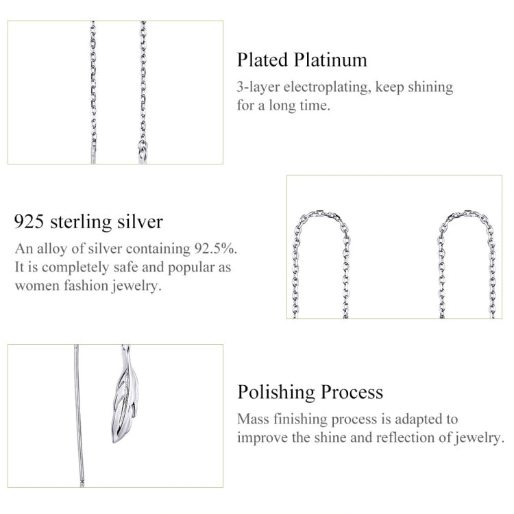 Orecchini lunghi in argento sterling con linea di orecchie di piume Orecchini semplici da ragazza placcati in platino, SCE786