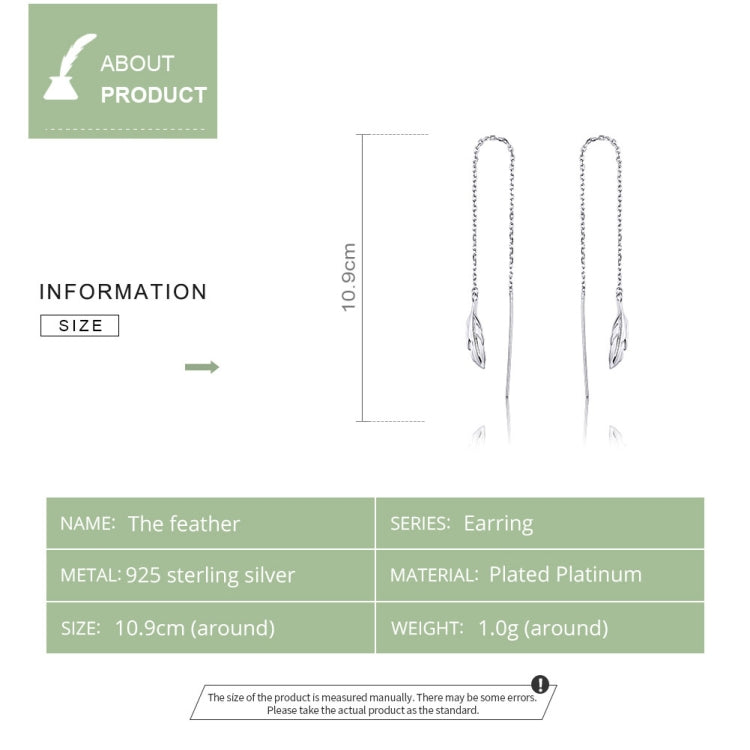 Orecchini lunghi in argento sterling con linea di orecchie di piume Orecchini semplici da ragazza placcati in platino, SCE786