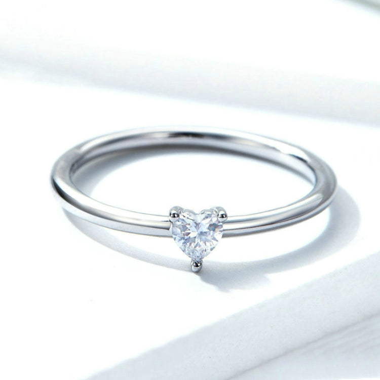 Anello in argento sterling S925 Anello trasparente a cuore placcato in platino, 6 US Size, 7 US Size, 8 US Size