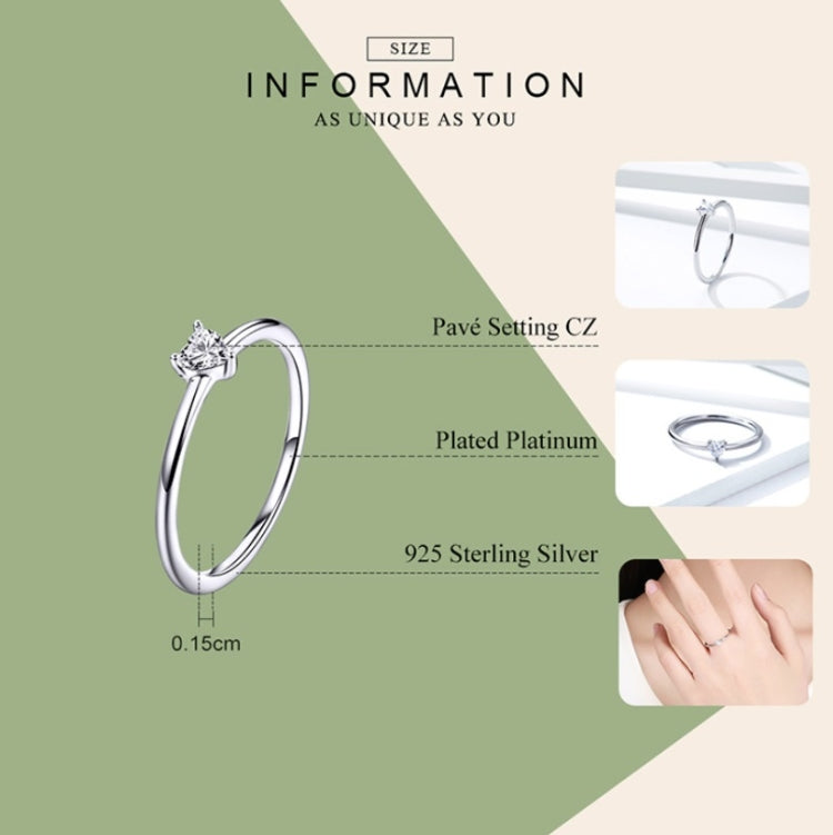 Anello in argento sterling S925 Anello trasparente a cuore placcato in platino, 6 US Size, 7 US Size, 8 US Size