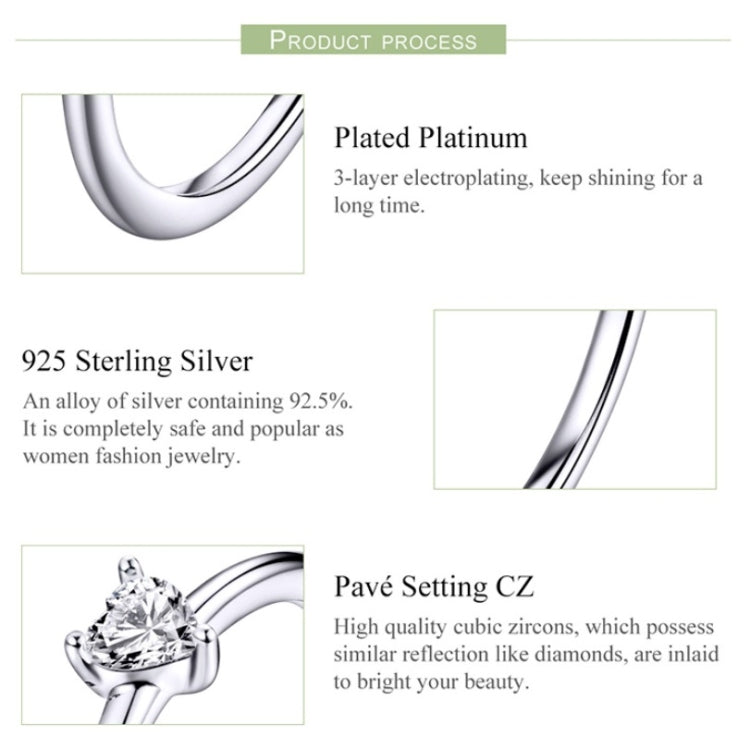 Anello in argento sterling S925 Anello trasparente a cuore placcato in platino, 6 US Size, 7 US Size, 8 US Size