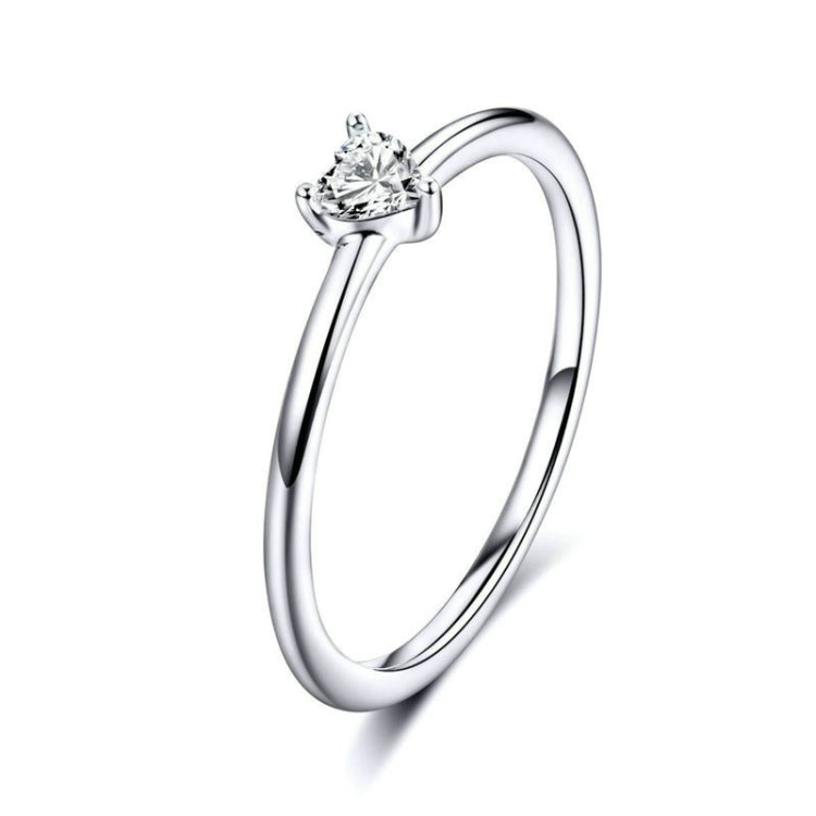 Anello in argento sterling S925 Anello trasparente a cuore placcato in platino, 6 US Size, 7 US Size, 8 US Size