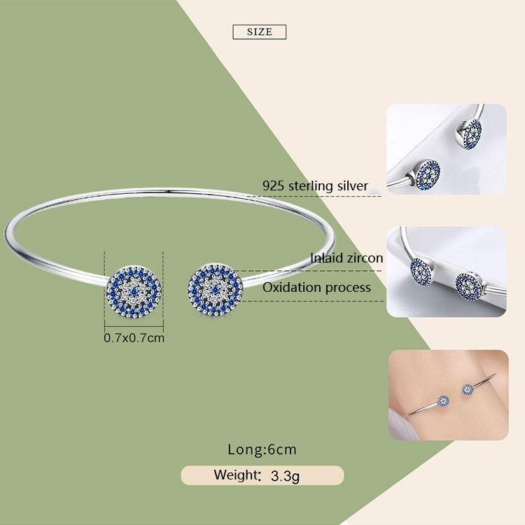 Bracciale in argento sterling S925 con zirconi intarsiati con occhi azzurri luminosi, SCB058