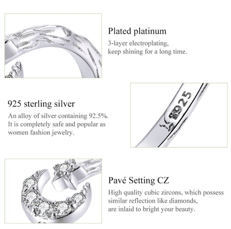 Anello aperto retrò alla moda Anello in argento sterling S925 con stella e luna placcato platino con zirconi, SCR638