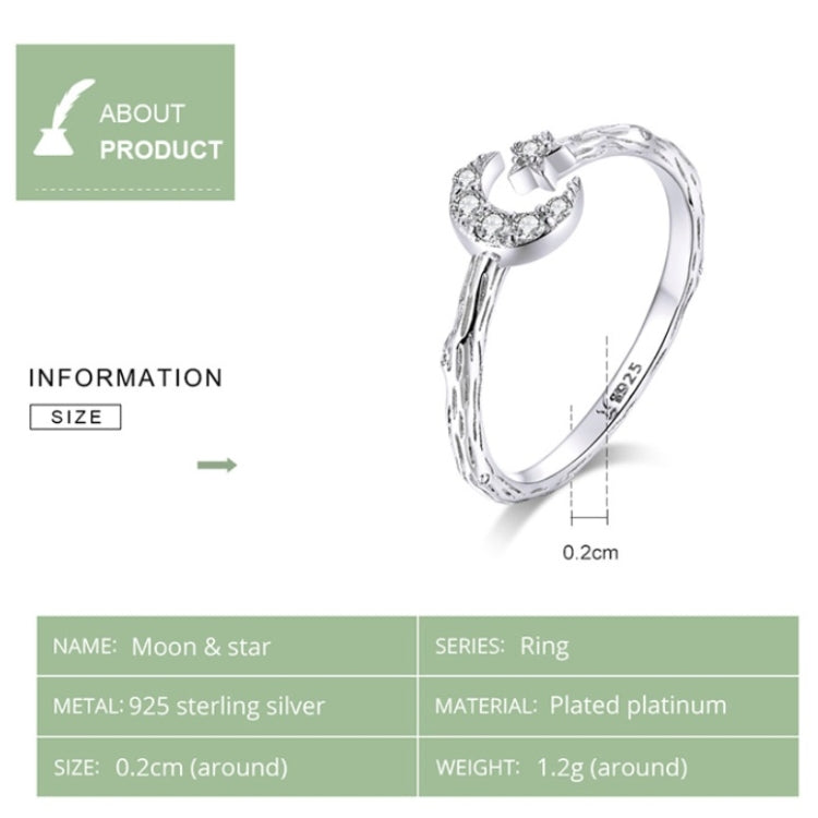 Anello aperto retrò alla moda Anello in argento sterling S925 con stella e luna placcato platino con zirconi, SCR638