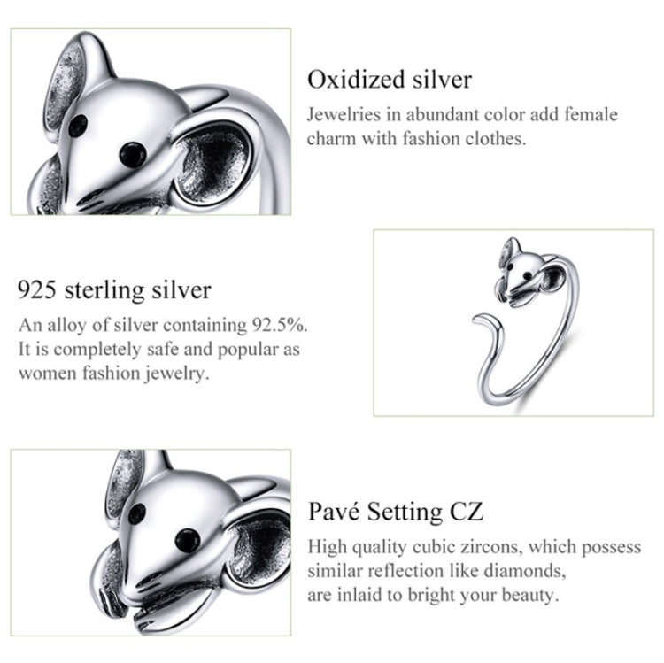 Anello aperto in argento sterling S925 Anello con ratto zodiacale di Capodanno, SCR632