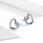 Orecchini arcobaleno in argento sterling S925 con zirconi a forma di cuore Accessori per ragazze, SCE891