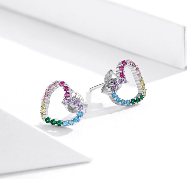 Orecchini arcobaleno in argento sterling S925 con zirconi a forma di cuore Accessori per ragazze, SCE891