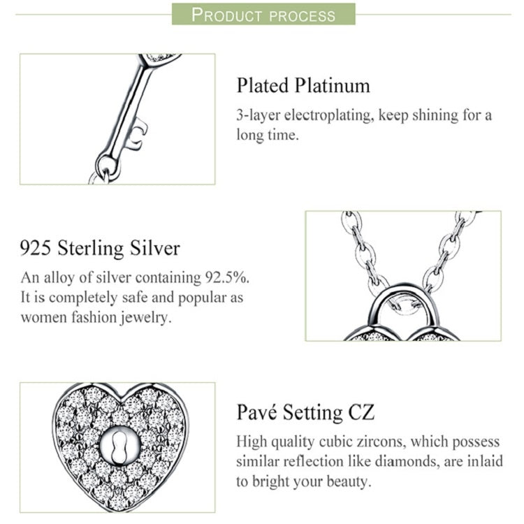 Collana con serratura a cuore placcata in platino in argento sterling S925 per ragazze, gioielli con chiave in zircone intarsiato bianco, SCN315