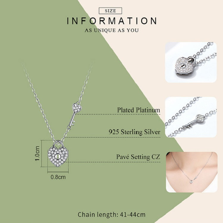 Collana con serratura a cuore placcata in platino in argento sterling S925 per ragazze, gioielli con chiave in zircone intarsiato bianco, SCN315