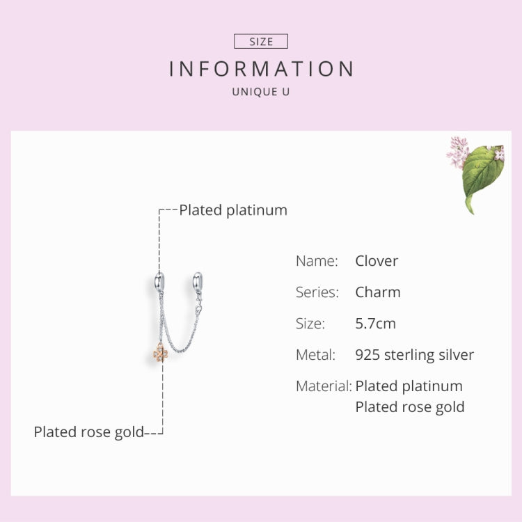 Accessori per bracciale fai da te con catena di sicurezza a trifoglio placcato platino in argento sterling S925, SCC1261