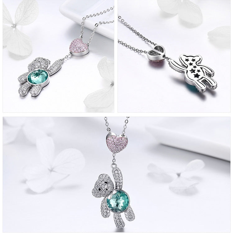 Collana con zirconi placcati oro rosa in argento sterling S925 con orsetto carino, SCN271