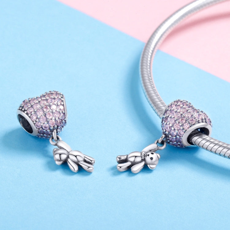 Accessori per braccialetti con perline fai-da-te intarsiati a forma di cuore con diamanti in zirconio in argento sterling S925, Bead, Bead+Chain