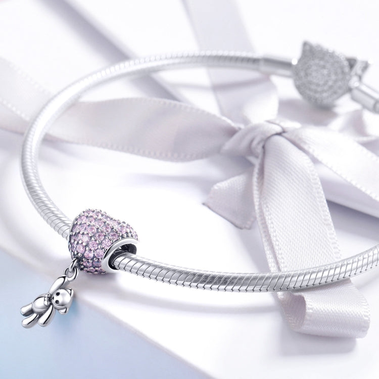 Accessori per braccialetti con perline fai-da-te intarsiati a forma di cuore con diamanti in zirconio in argento sterling S925, Bead, Bead+Chain