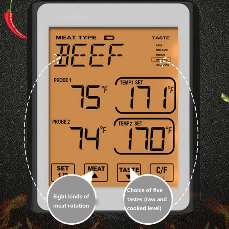CH-212 Termometro da cucina con griglia di allarme intelligente con schermo a colori a doppia sonda, Colorful Backlight, Orange Backlight