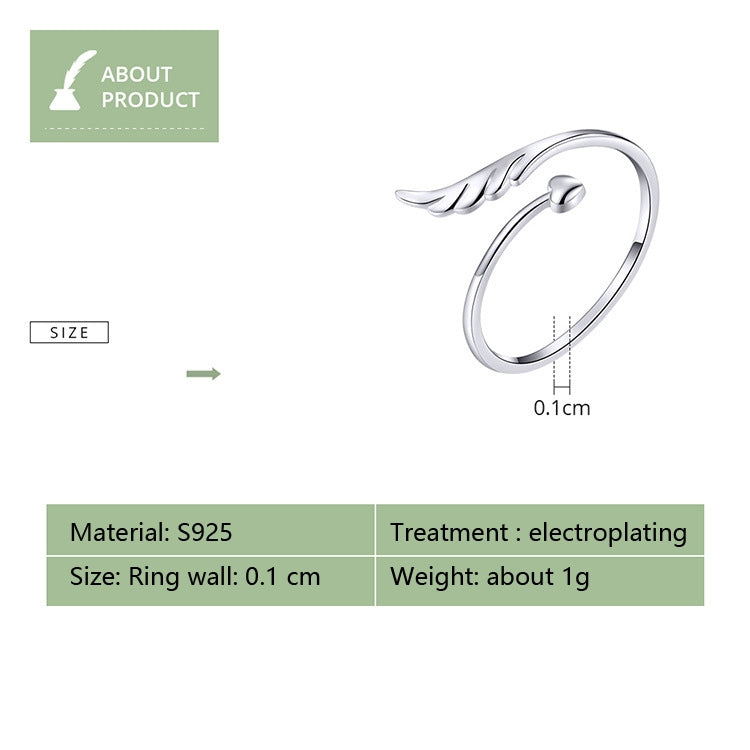 Anello aperto con ali d'angelo in argento sterling S925 Anello aperto placcato in oro bianco, SCR567