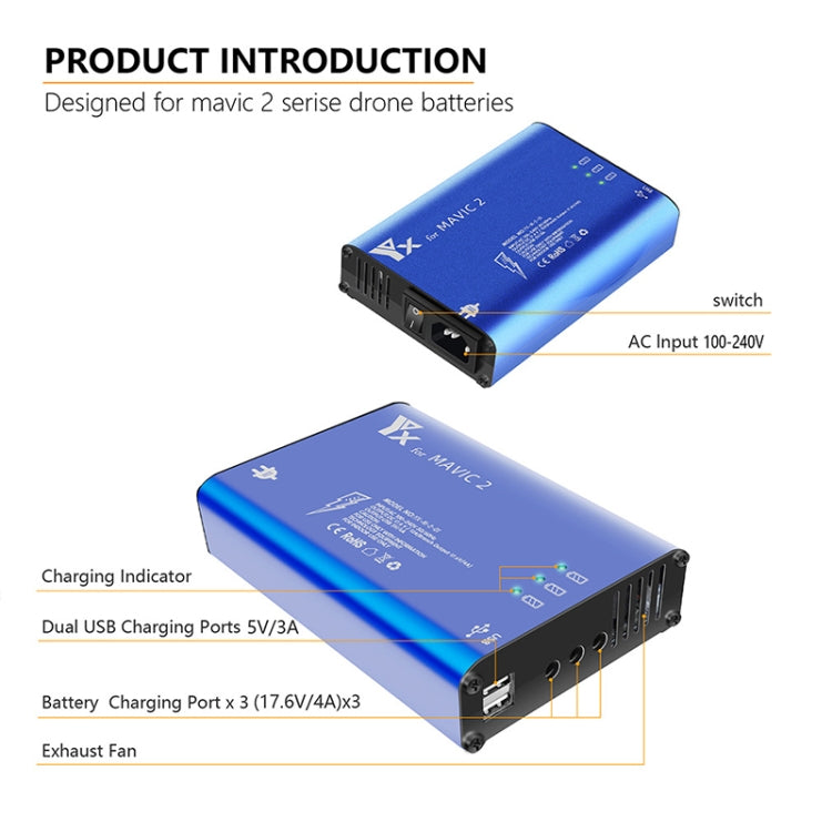 YX Per DJI MAVIC 2 Caricatore in lega di alluminio con interruttore, US Plug, EU Plug, UK Plug, AU Plug