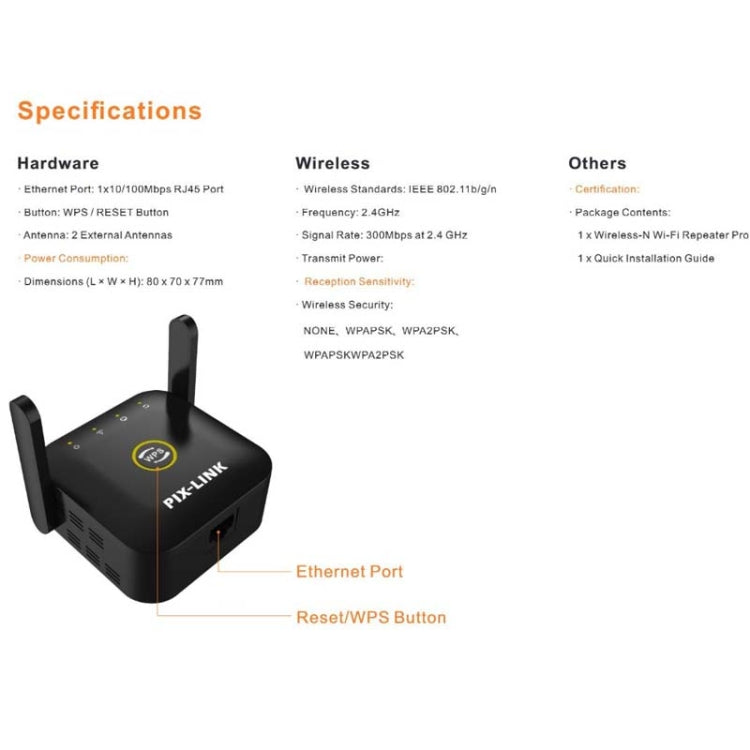 PIX-LINK WR22 Estensore di potenziamento dell'amplificazione del segnale wireless WiFi da 300 Mbps, EU Plug, US Plug, UK Plug, AU Plug
