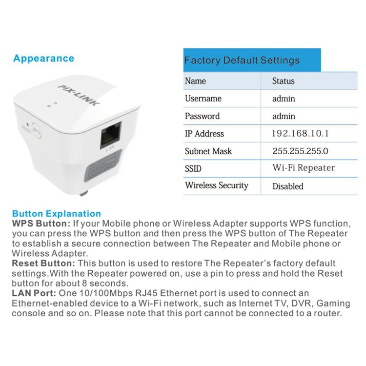 Ripetitore avanzato con amplificazione del segnale WIFI PIXLINK WR12 300Mbps, EU Plug, UK Plug, US Plug, AU Plug