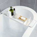 Scaffale per vasca da bagno con scarico a scomparsa Scaffale per vasca da bagno in plastica per vasca da bagno, White+Gray