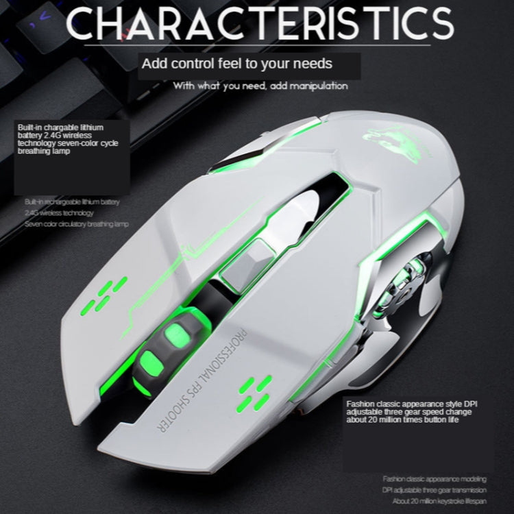 FREEDOM-WOLF X8 2400 DPI 6 tasti 2.4G Mouse meccanico da gioco silenzioso e luminoso con ricarica wireless, X8 Star Black, X8 White, X8 Black, X8 Metal Grey