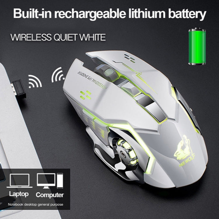 FREEDOM-WOLF X8 2400 DPI 6 tasti 2.4G Mouse meccanico da gioco silenzioso e luminoso con ricarica wireless, X8 Star Black, X8 White, X8 Black, X8 Metal Grey