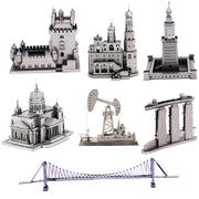 3 pezzi di modello di assemblaggio in metallo 3D per costruire il mondo, giocattolo puzzle fai da te, Leaning Tower of Pisa, Big Ben, Golden Gate Bridge, Empire State Building, White House, Five-storied Pagoda, Brooklyn Bridge, Carousel, American Tower...