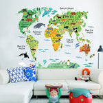 2 adesivi murali con sfondo rimovibile impermeabile con mappa del mondo degli animali, Animal World Map
