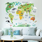 2 adesivi murali con sfondo rimovibile impermeabile con mappa del mondo degli animali, Animal World Map