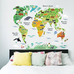 2 adesivi murali con sfondo rimovibile impermeabile con mappa del mondo degli animali, Animal World Map