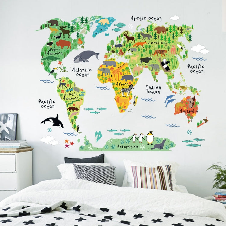 2 adesivi murali con sfondo rimovibile impermeabile con mappa del mondo degli animali, Animal World Map