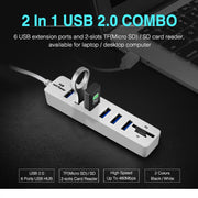 Multi USB 2.0 Hub Splitter USB ad alta velocità 6 porte con lettore di schede SD TF