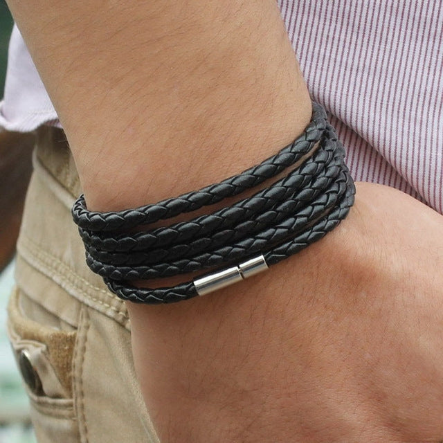 Bracciale in pelle da coppia Bracciale da uomo con ciondolo vintage nero