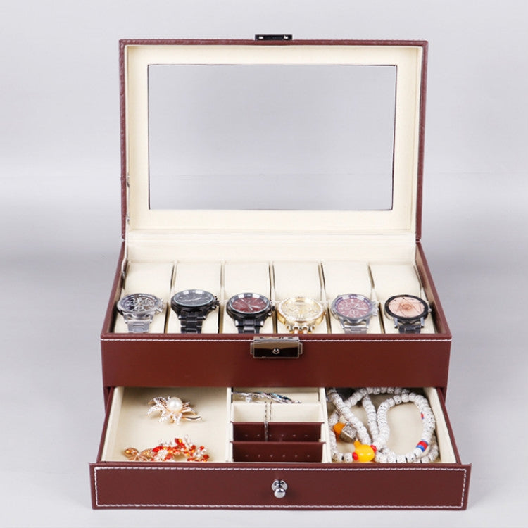 Scatola per orologi in pelle PU a 12 bit Scatola per esposizione di gioielli a doppio strato, PU Leather Black, PU Leather Brown