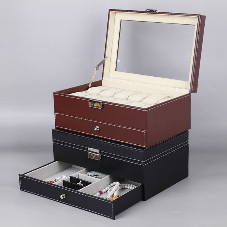 Scatola per orologi in pelle PU a 12 bit Scatola per esposizione di gioielli a doppio strato, PU Leather Black, PU Leather Brown