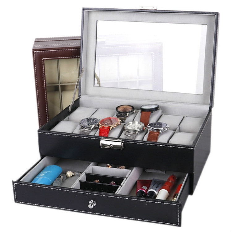 Scatola per orologi in pelle PU a 12 bit Scatola per esposizione di gioielli a doppio strato, PU Leather Black, PU Leather Brown
