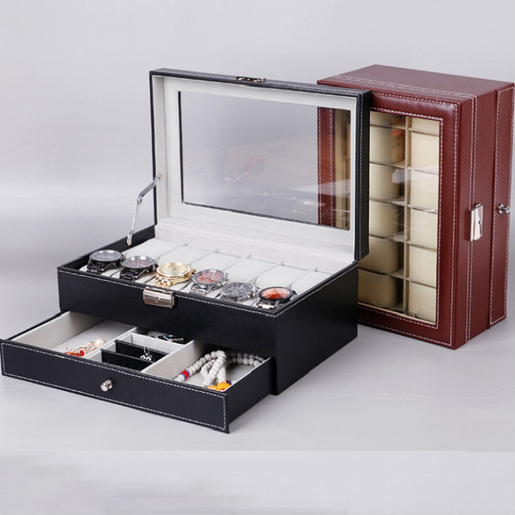 Scatola per orologi in pelle PU a 12 bit Scatola per esposizione di gioielli a doppio strato, PU Leather Black, PU Leather Brown